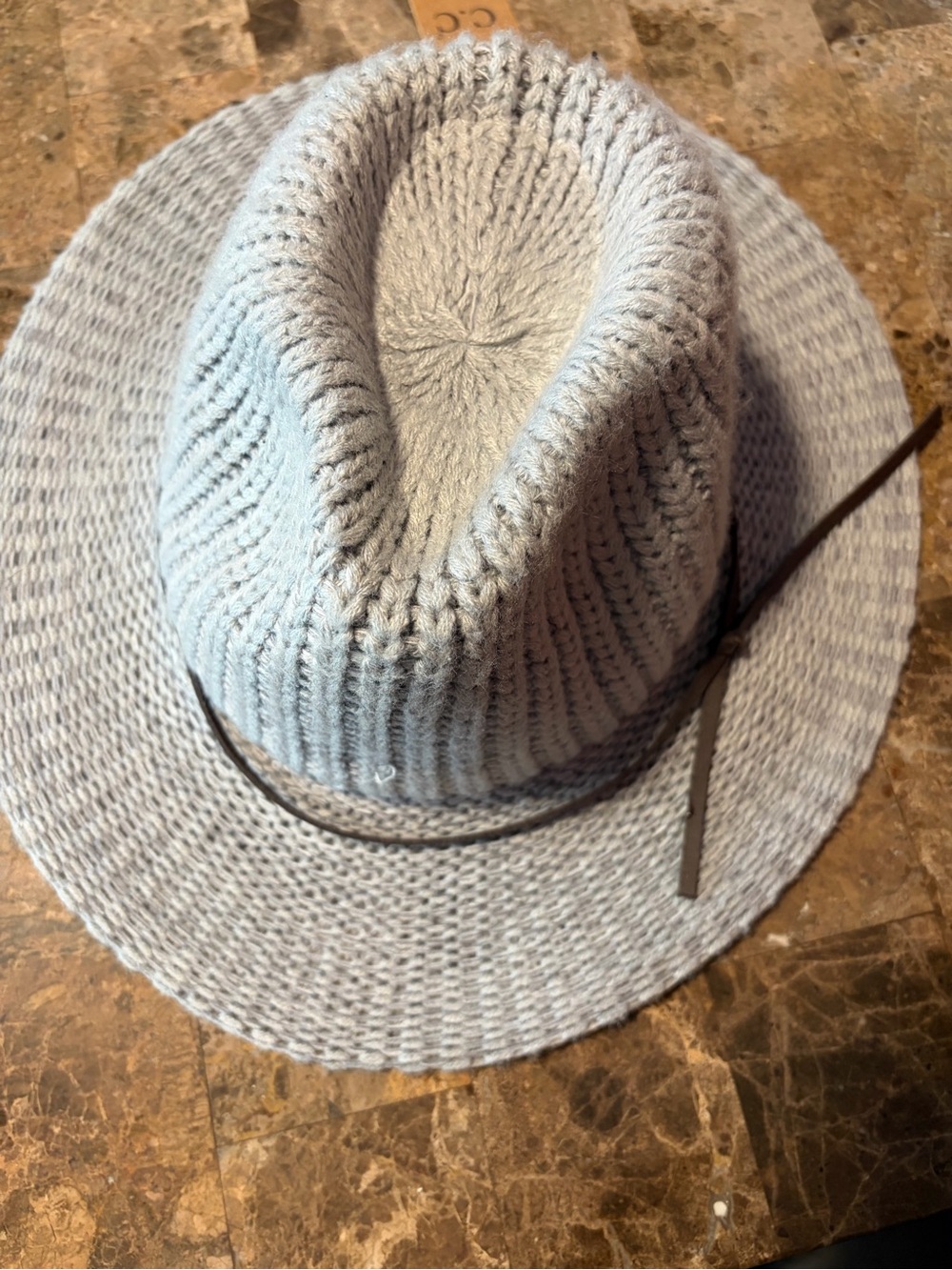 Light Gray Knit Fedora Hat with Leather Trim - Men